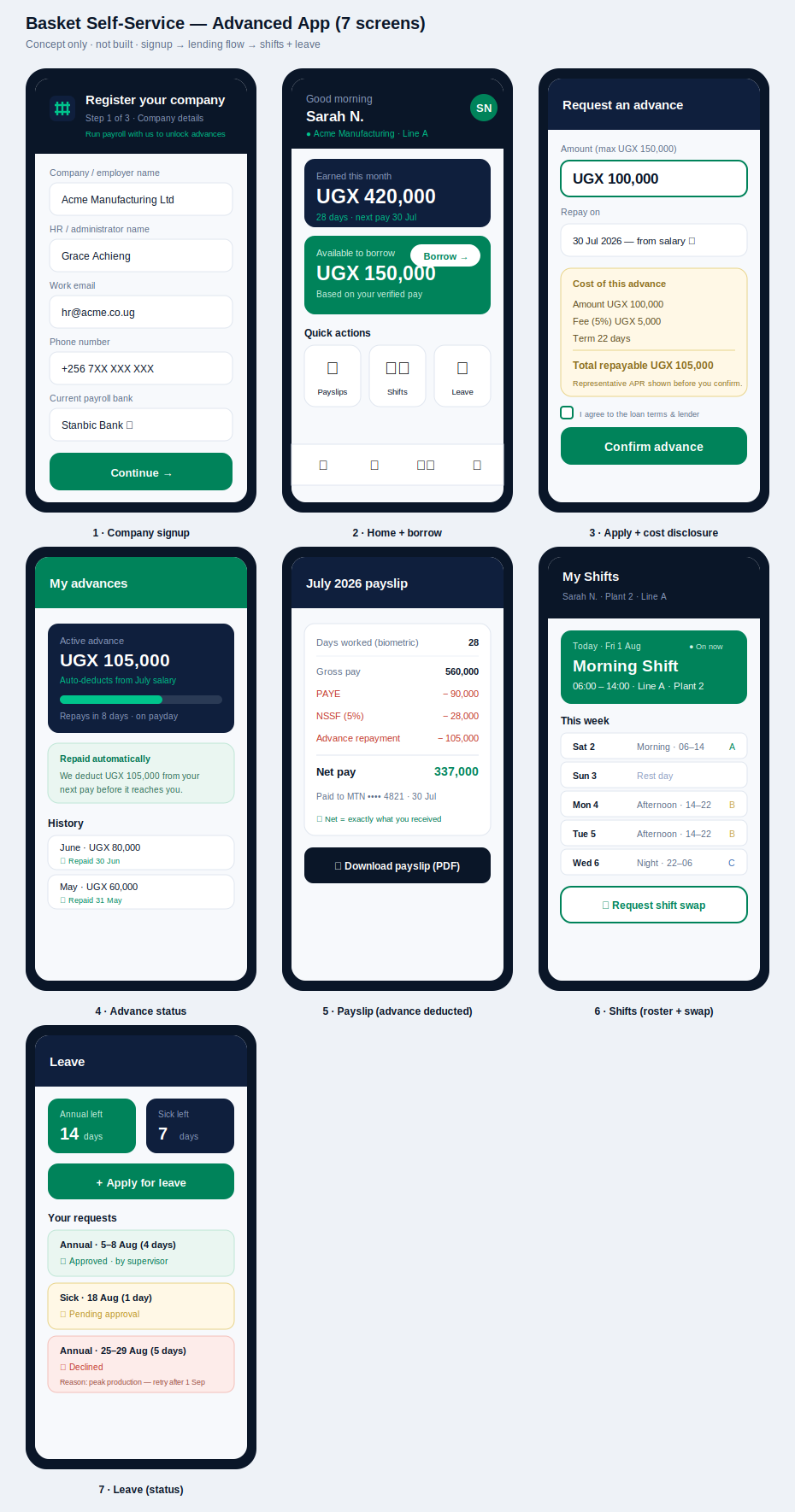 Basket employee self-service app — earnings, payslips, salary advances, shifts and leave